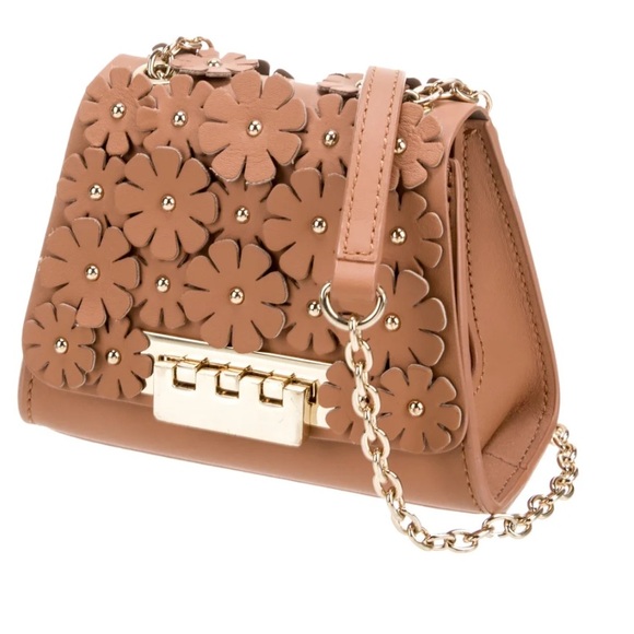 Zac Zac Posen Eartha Iconic Small Chain Flower Applique Camel Leather Cross Body - Picture 2 of 13